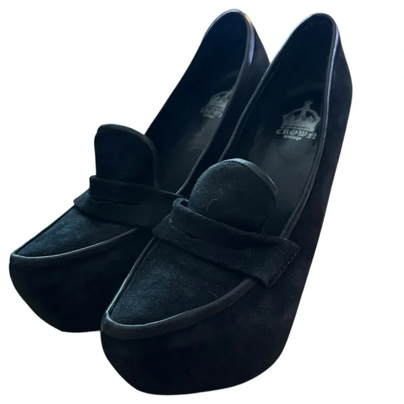 Vintage Festival Black Suede Wedge Loafers Shoes, US 8 by Crown Vintage - Picture 2 of 9